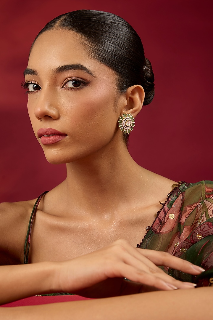 Gold Finish Kundan Polki & White Stone Stud Earrings by Hunar at Pernia's Pop Up Shop