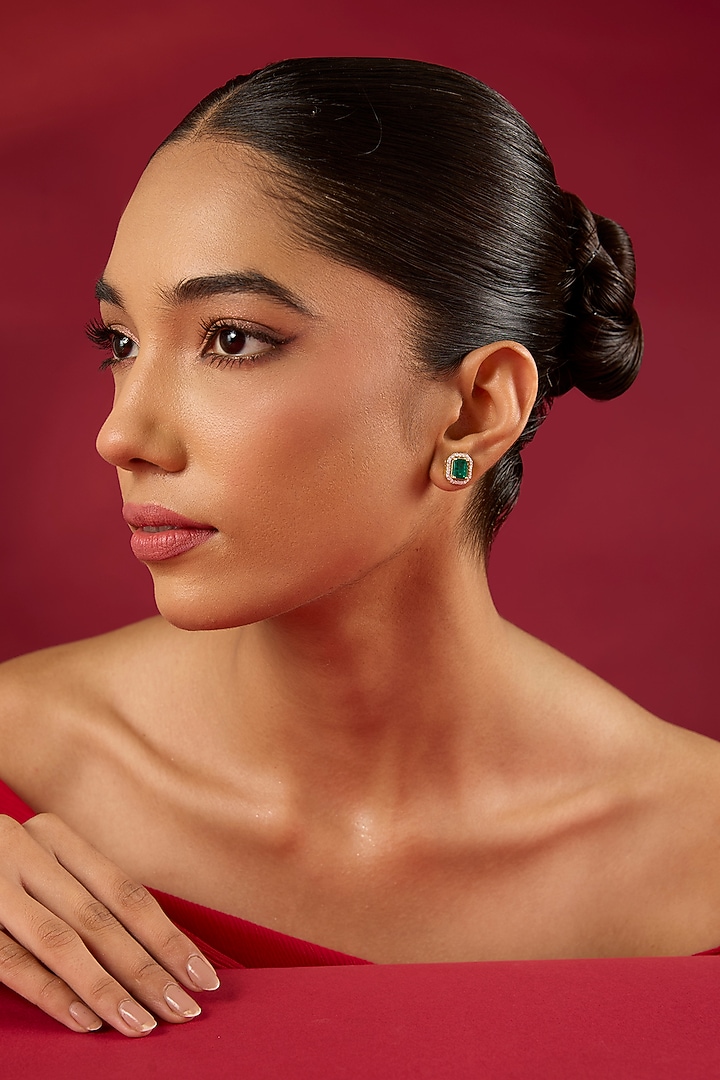 Gold Finish Kundan Polki & Blue Sapphire Stone Stud Earrings by Hunar at Pernia's Pop Up Shop