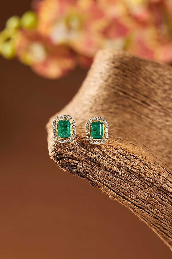 Gold Finish Kundan Polki & Blue Sapphire Stone Stud Earrings In Sterling Silver by Hunar at Pernia's Pop Up Shop