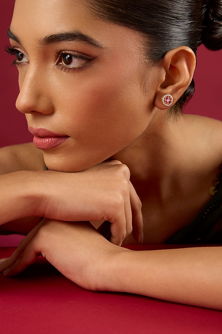 Gold Finish Kundan Polki & Ruby Stone Stud Earrings by Hunar at Pernia's Pop Up Shop