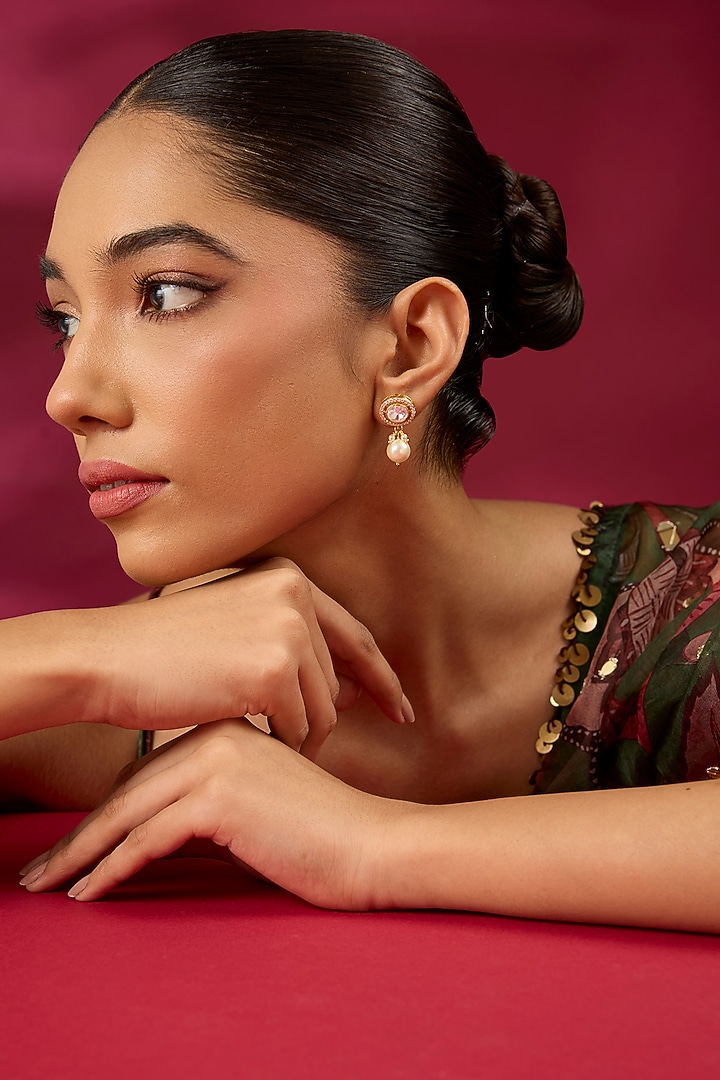 Gold Finish Kundan Polki & White Stone Stud Earrings by Hunar at Pernia's Pop Up Shop