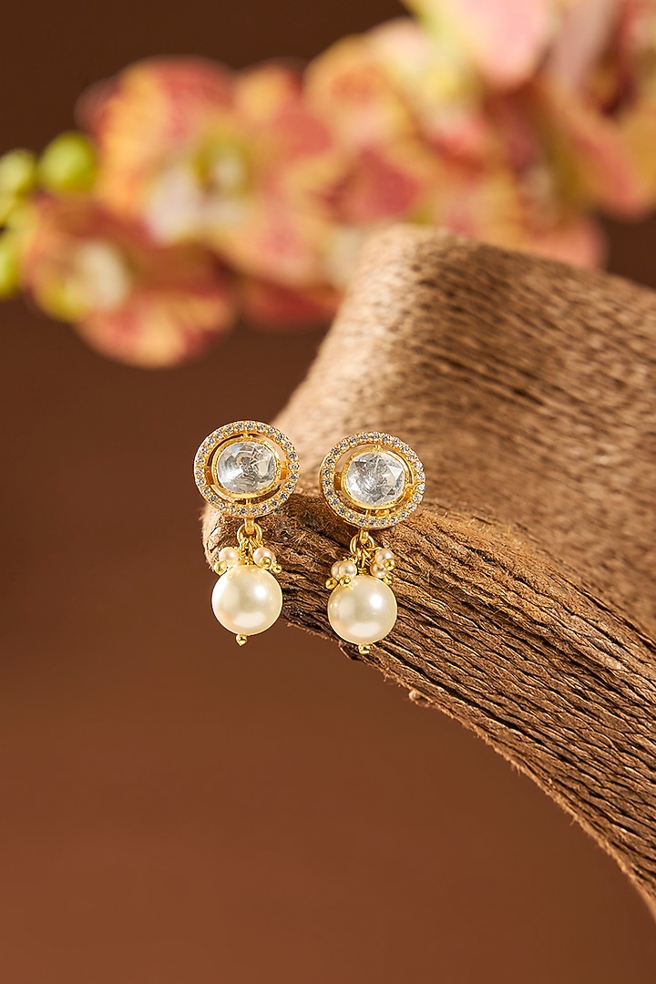 Gold Finish Kundan Polki & White Stone Stud Earrings In Sterling Silver by Hunar at Pernia's Pop Up Shop