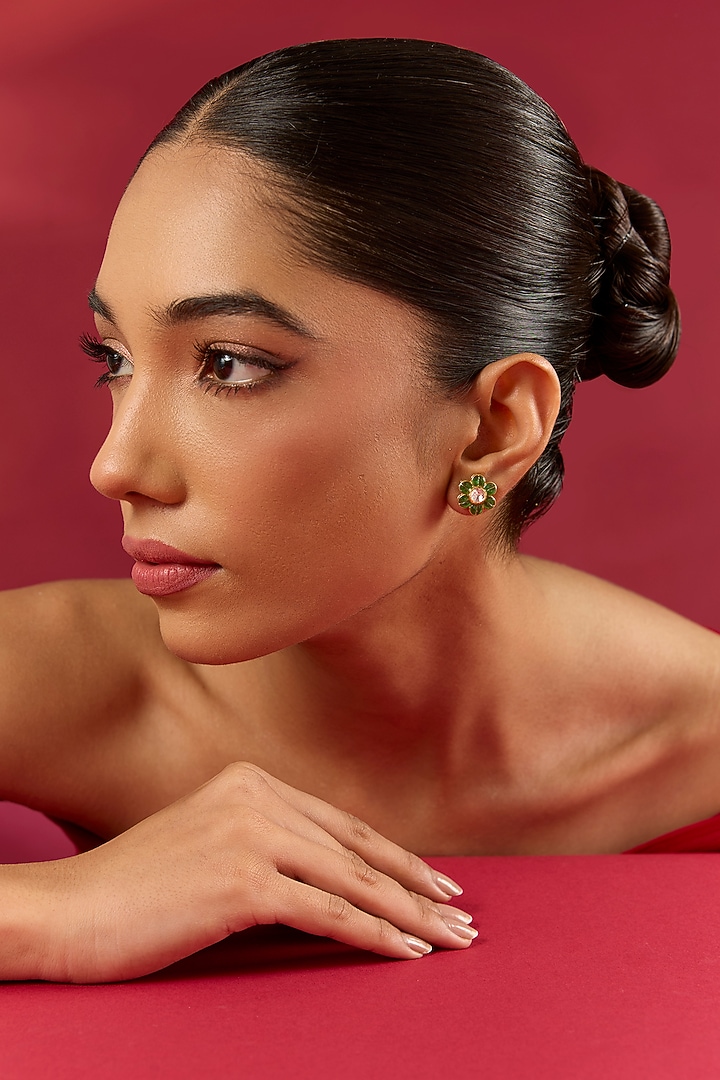 Gold Finish Kundan Polki & Emerald Stone Stud Earrings by Hunar at Pernia's Pop Up Shop