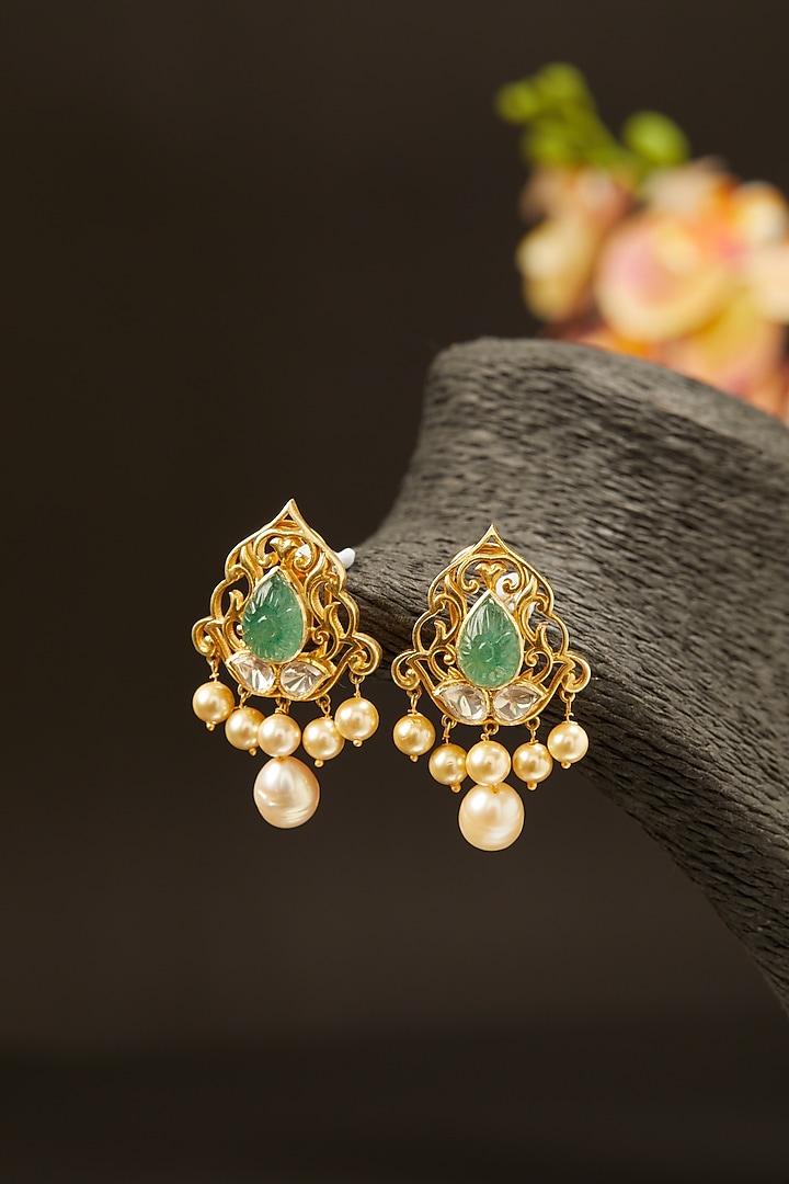 Gold Finish Pearls & Moissanite Kundan Polki Stud Earrings In Sterling Silver by Hunar at Pernia's Pop Up Shop