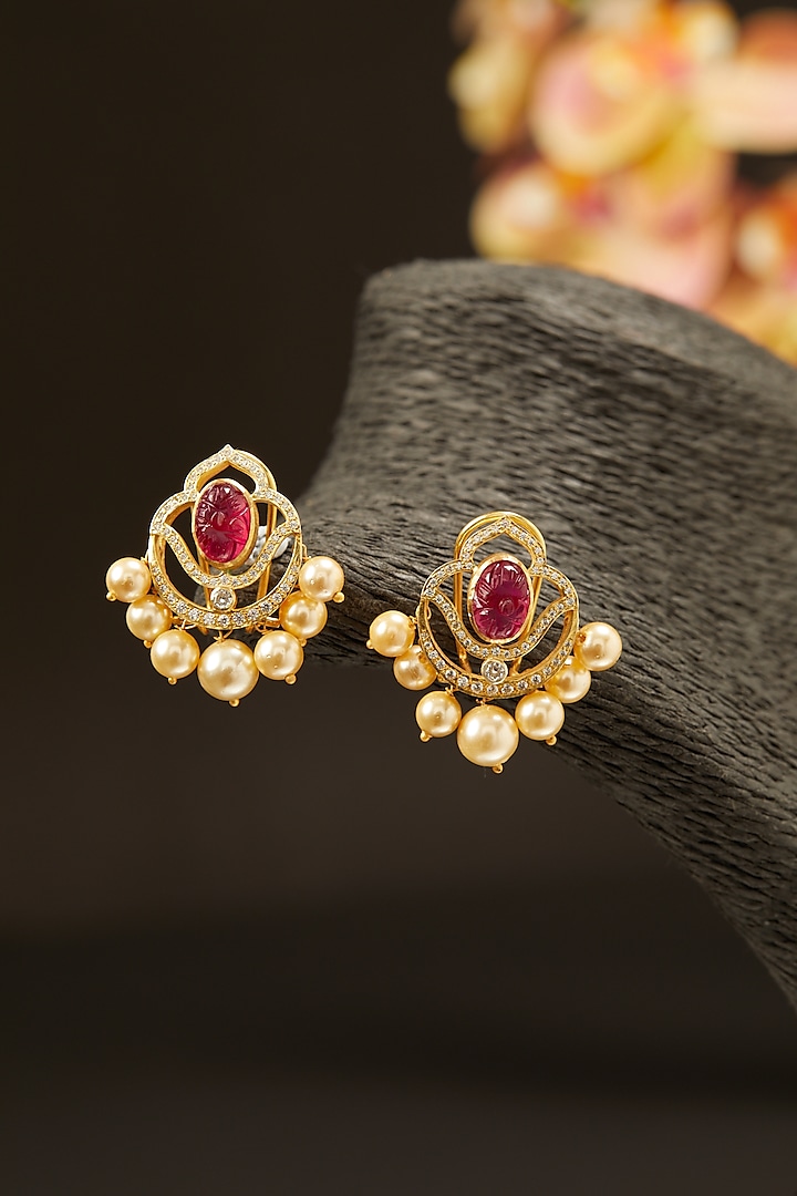 Gold Finish Ruby Synthetic Stone Stud Earrings In Sterling Silver ...