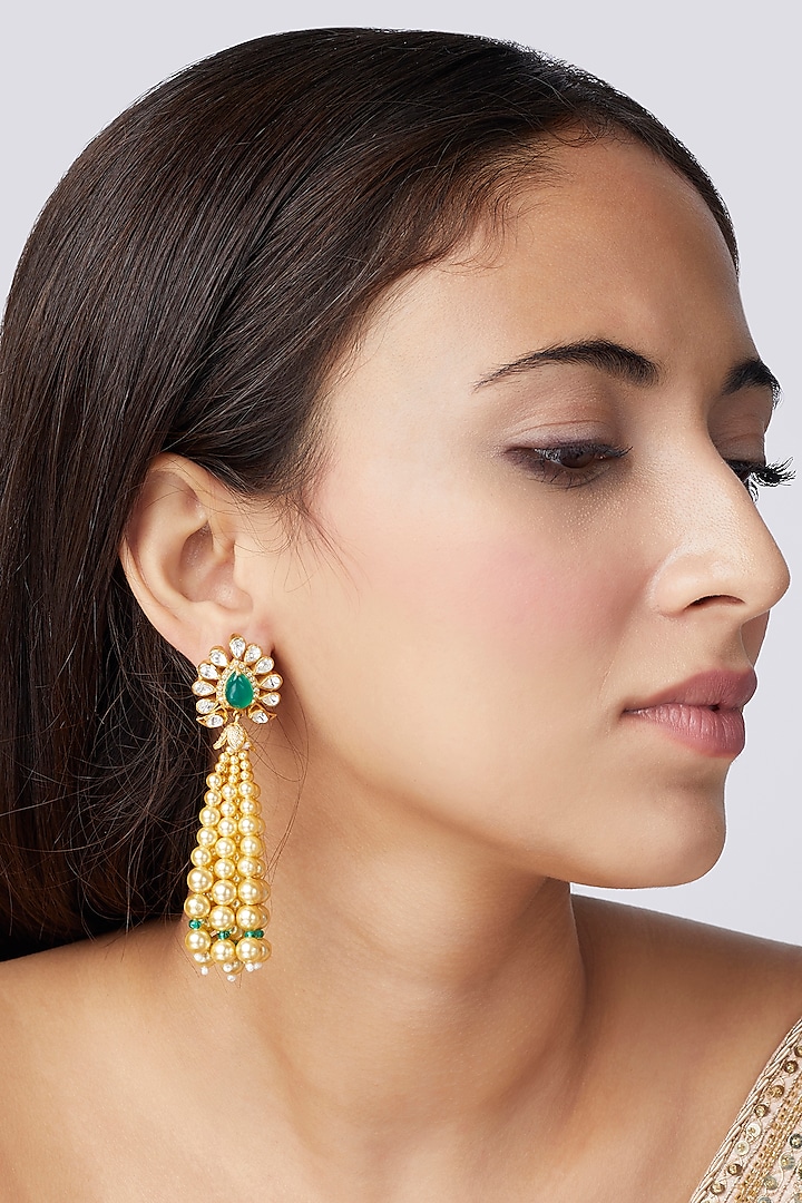 Gold Finish Moissanite Polki Dangler Earrings In Sterling Silver by Hunar at Pernia's Pop Up Shop