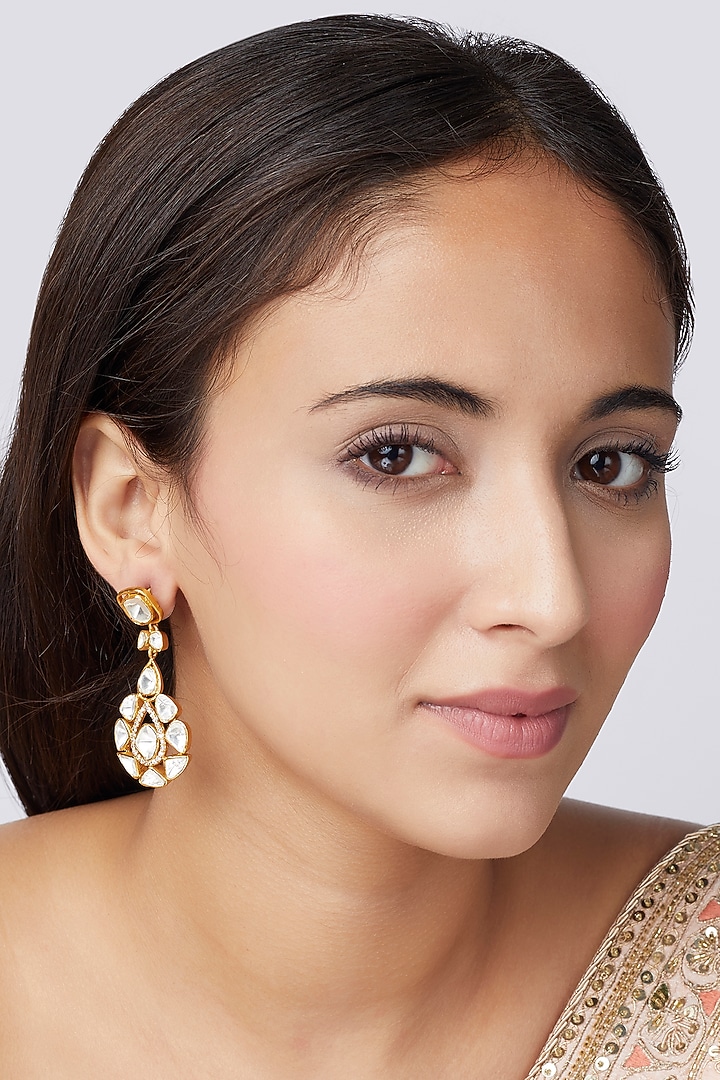 Gold Finish Moissanite Polki Stud Earrings In Sterling Silver by Hunar at Pernia's Pop Up Shop