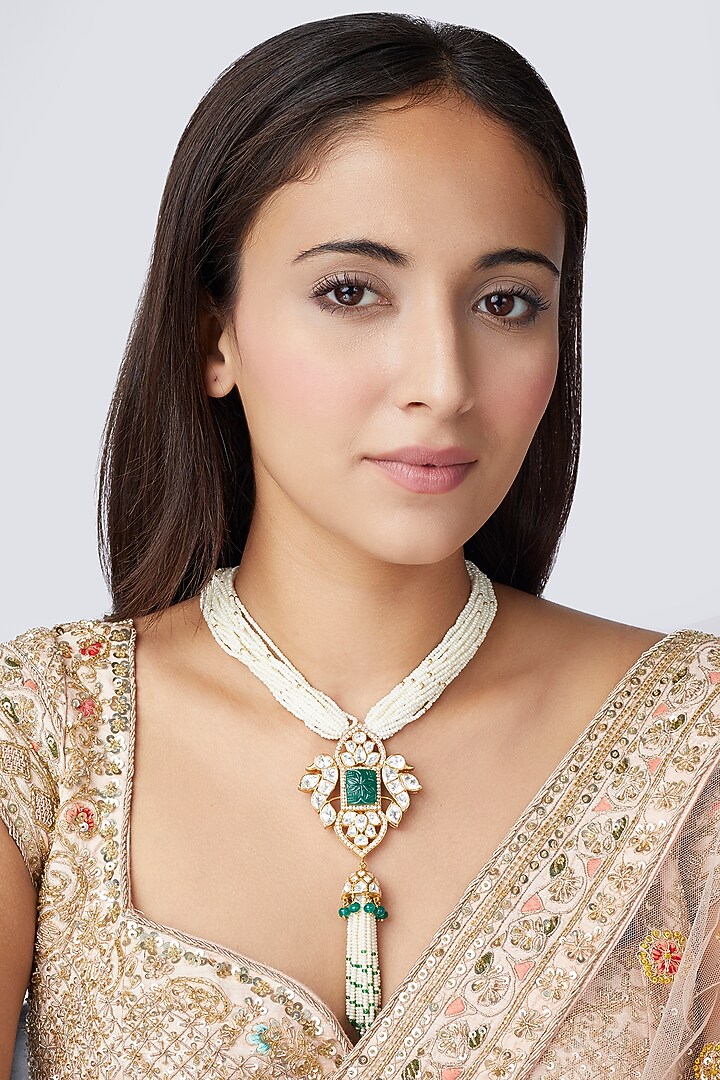 Gold Finish Moissanite Polki Necklace In Sterling Silver by Hunar at Pernia's Pop Up Shop