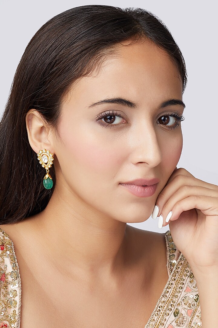 Gold Finish Moissanite Polki Earrings In Sterling Silver by Hunar at Pernia's Pop Up Shop