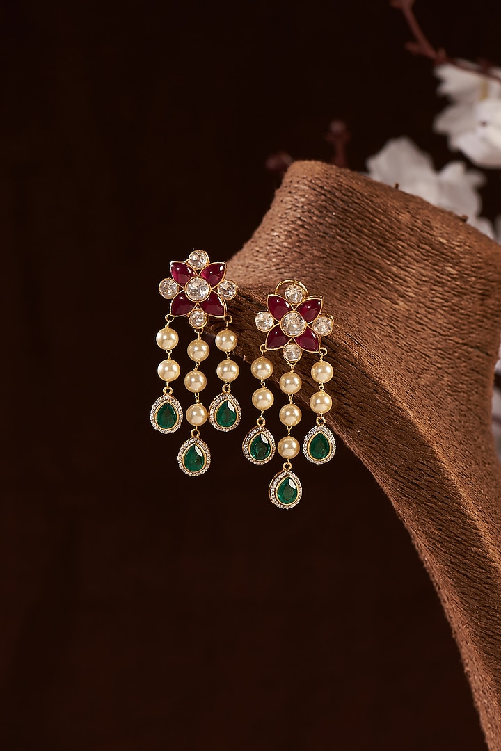 Gold Finish Moissanite Polki & Ruby Synthetic Stone Dangler Earrings In Sterling Silver by Hunar at Pernia's Pop Up Shop