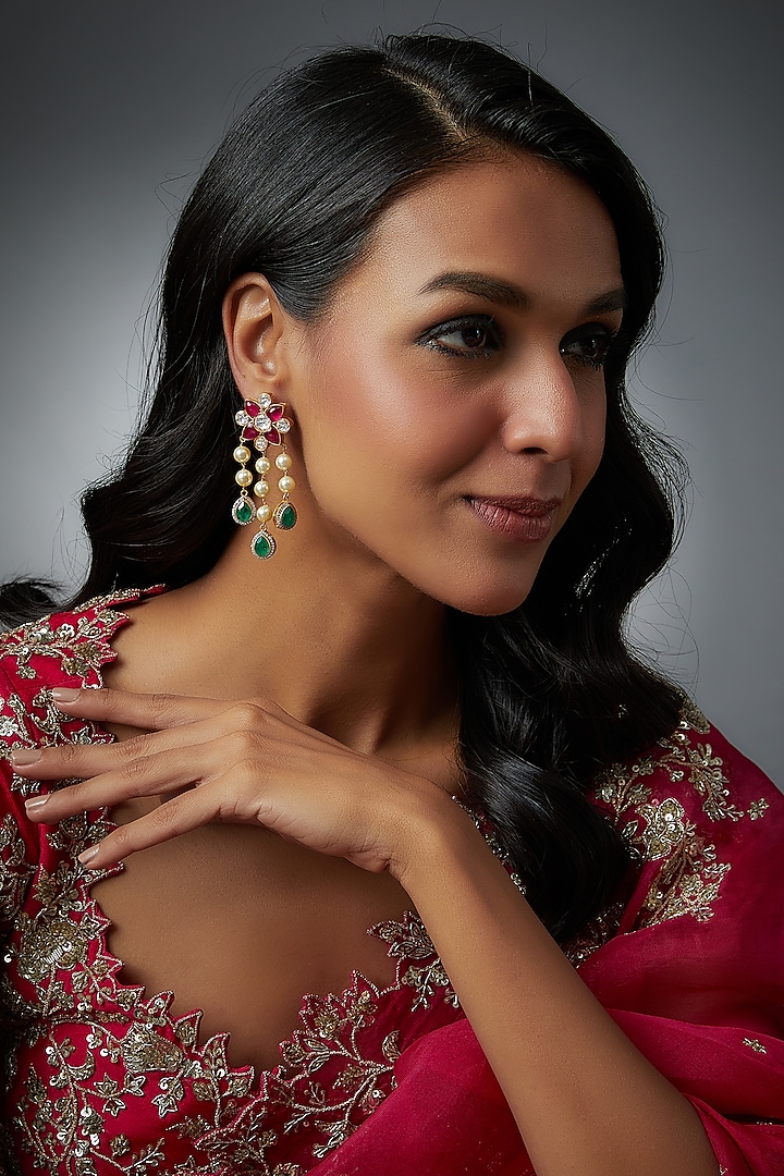 Gold Finish Moissanite Polki & Ruby Synthetic Stones Dangler Earrings In Sterling Silver by Hunar at Pernia's Pop Up Shop
