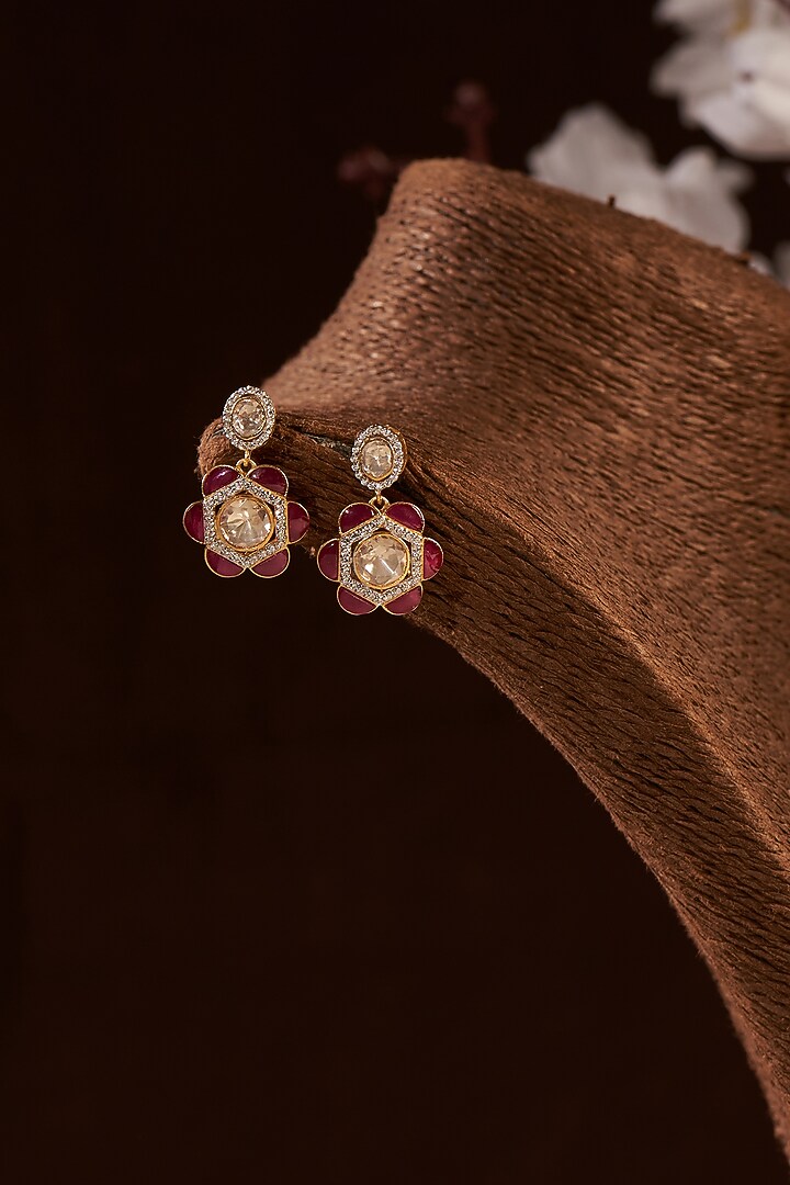Gold Finish Moissanite Polki & Ruby Synthetic Stones Dangler Earrings In Sterling Silver by Hunar at Pernia's Pop Up Shop