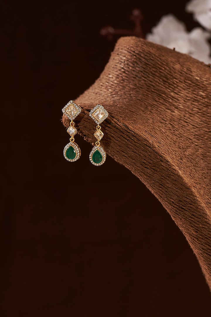 Gold Finish Moissanite Polki & Emerald Synthetic Stone Dangler Earrings In Sterling Silver by Hunar at Pernia's Pop Up Shop