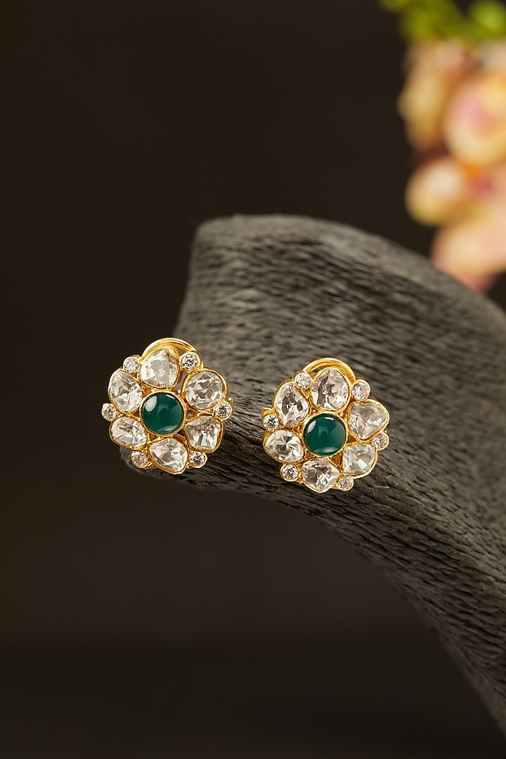 Gold Finish Moissanite & Emerald Synthetic Stone Stud Earrings In Sterling Silver by Hunar at Pernia's Pop Up Shop