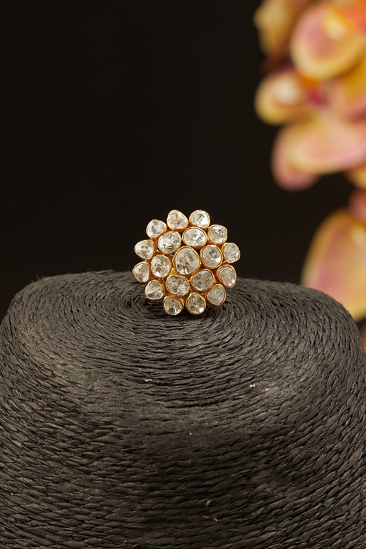 Gold Finish Moissanite Kundan Polki Ring In Sterling Silver by Hunar at Pernia's Pop Up Shop