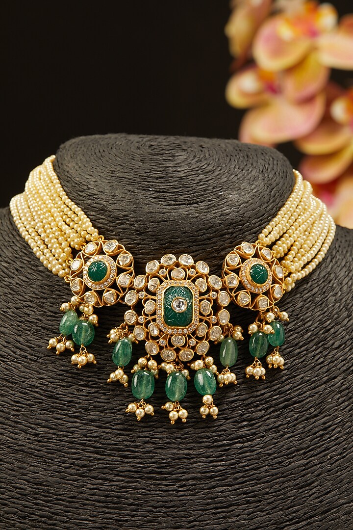 Gold Finish Emerald Synthetic Stones Choker Necklace In Sterling Silver by Hunar at Pernia's Pop Up Shop