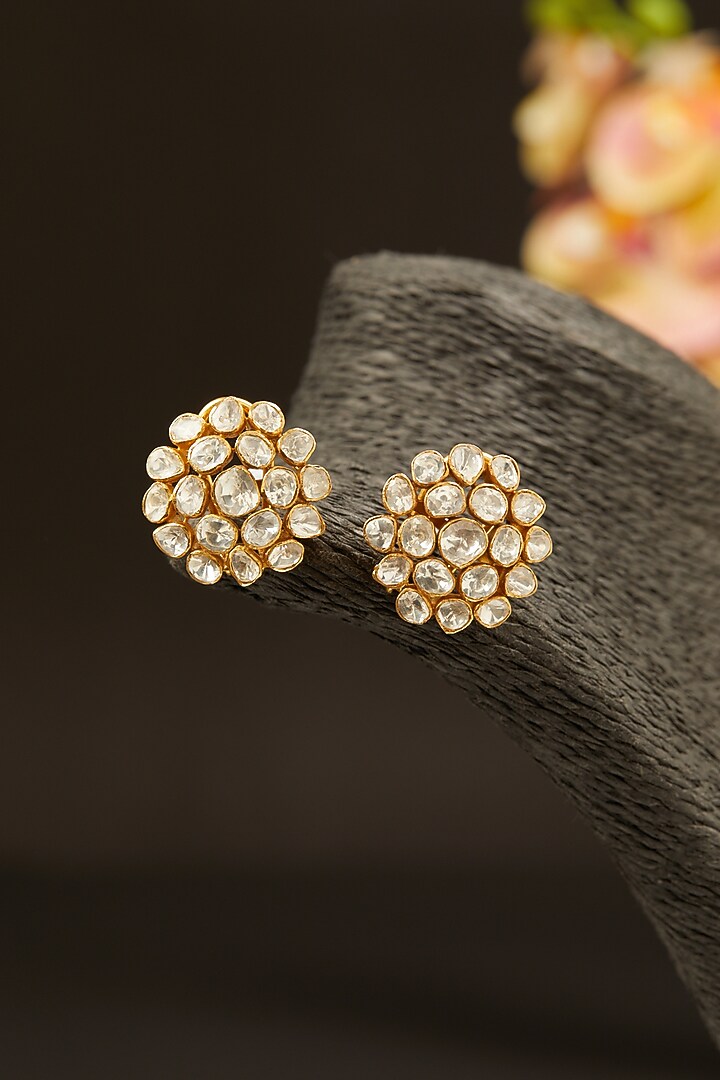 Gold Finish Stud Earrings With Moissanite Kundan Polki In Sterling Silver by Hunar at Pernia's Pop Up Shop