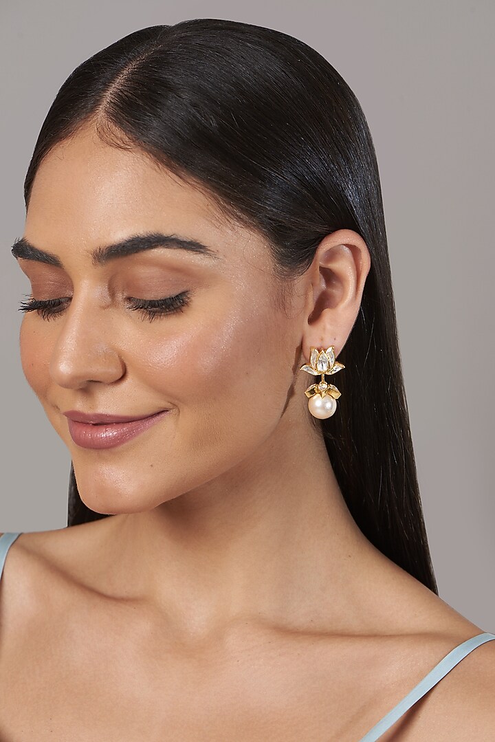 Gold Finish Moissanite Polki Dangler Earrings In Sterling Silver by Hunar at Pernia's Pop Up Shop