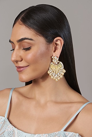 Gold Finish Chandbali Earrings In Sterling Silver by Hunar