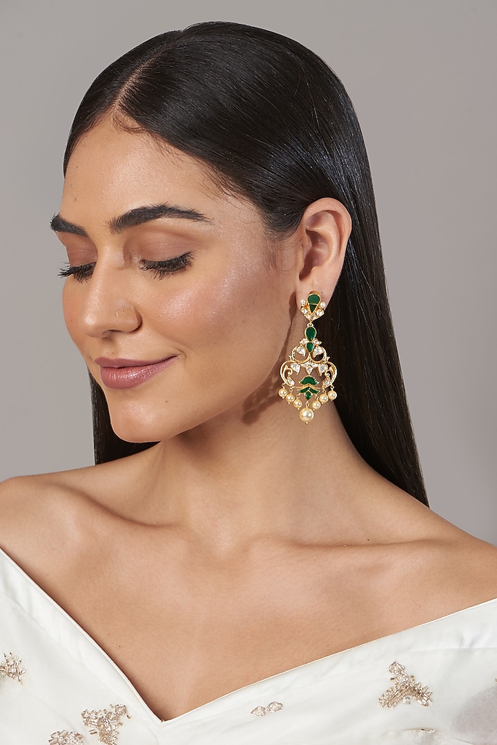 Gold Finish Pearl Earrings In Sterling Silver by Hunar at Pernia's Pop Up Shop
