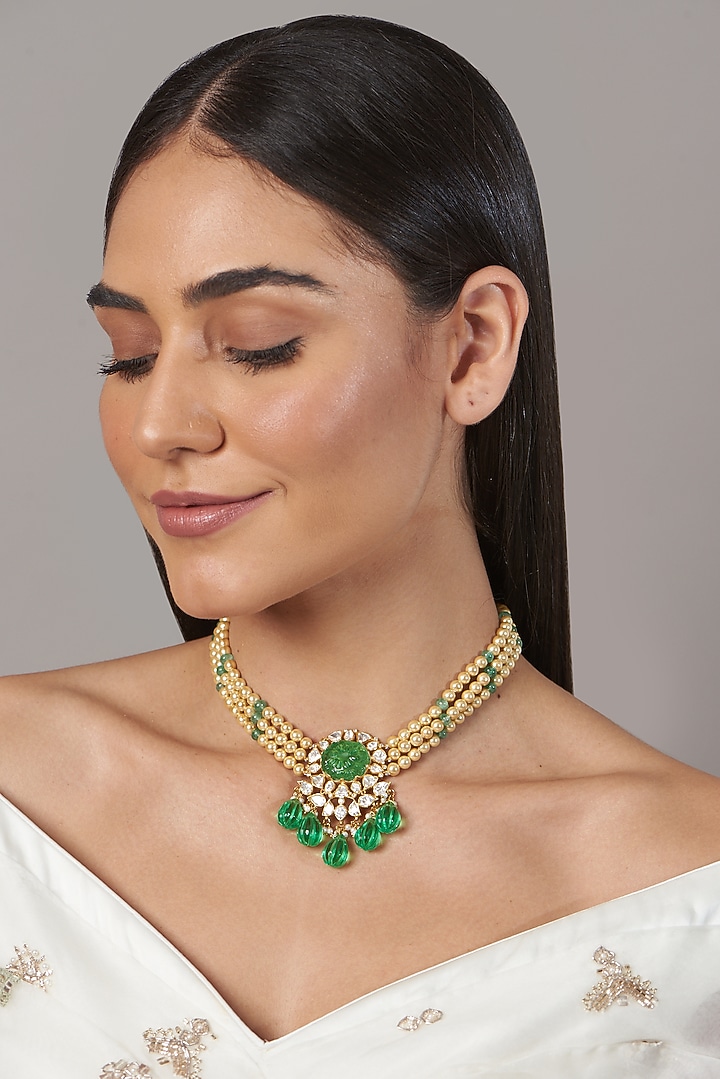 Gold Finish Pearl Necklace In Sterling Silver Design by Hunar at Pernia