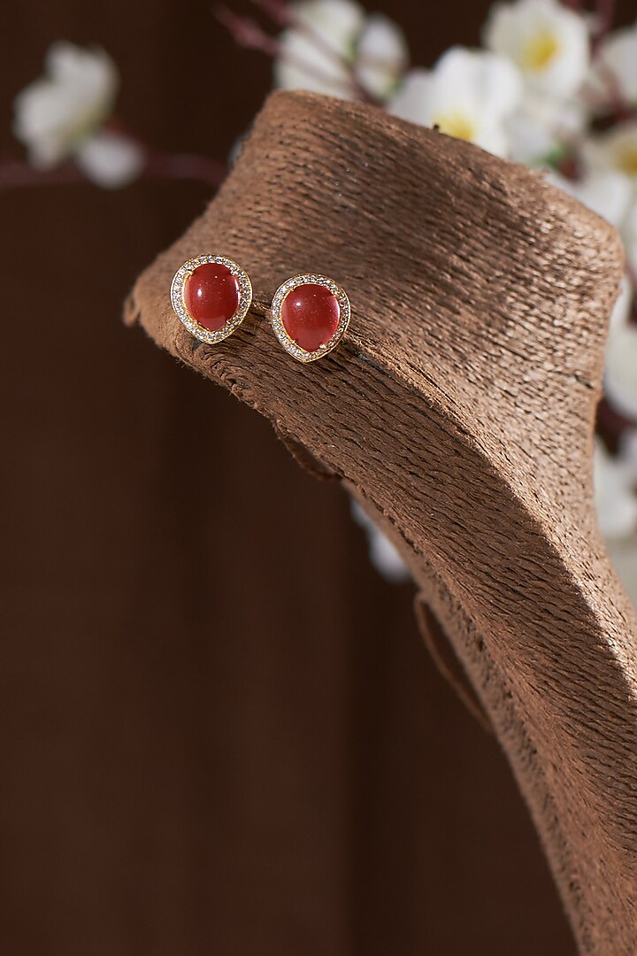 Gold Finish Moissanite Polki & Red Stone Stud Earrings In Sterling Silver by Hunar at Pernia's Pop Up Shop