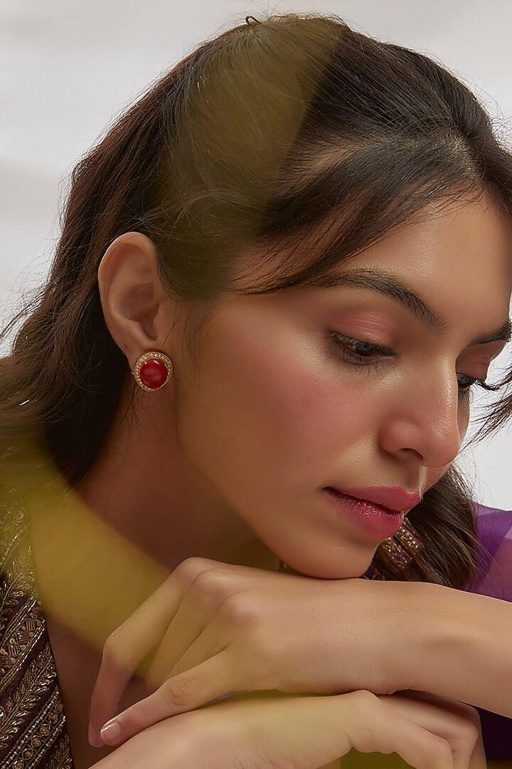 Gold Finish Moissanite Polki & Red Stone Stud Earrings In Sterling Silver by Hunar at Pernia's Pop Up Shop