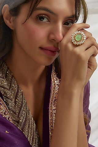 Gold Finish Moissanite Polki Ring In Sterling Silver by Hunar