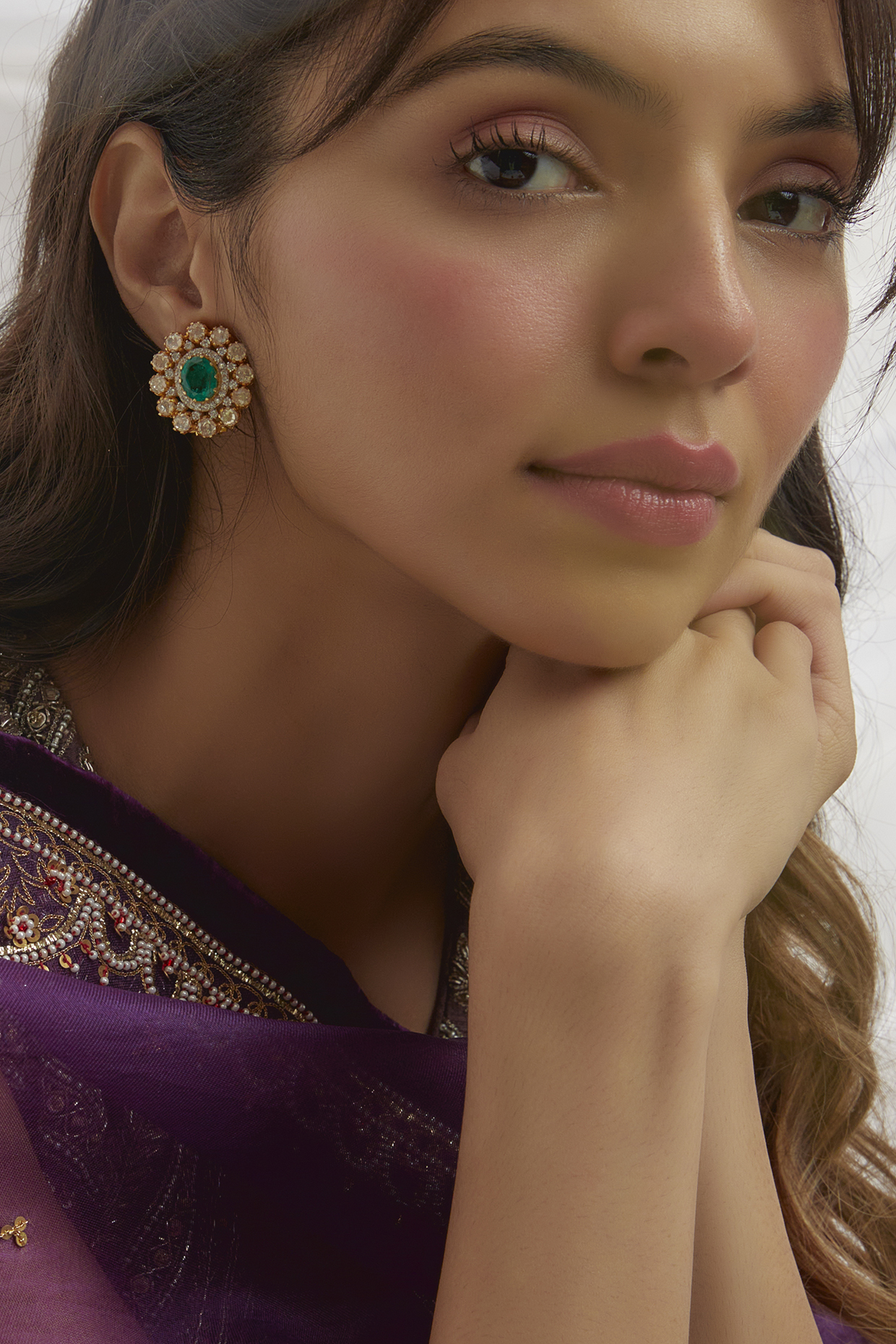 Gold Finish Moissanite Polki & Green Stone Stud Earrings In Sterling Silver by Hunar at Pernia's Pop Up Shop