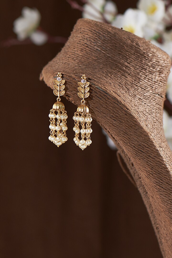 Gold Finish Moissanite Polki & Pearl Jhumka Earrings In Sterling Silver by Hunar at Pernia's Pop Up Shop