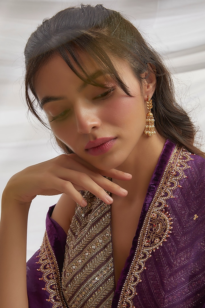 Gold Finish Moissanite Polki & Pearl Jhumka Earrings In Sterling Silver by Hunar at Pernia's Pop Up Shop
