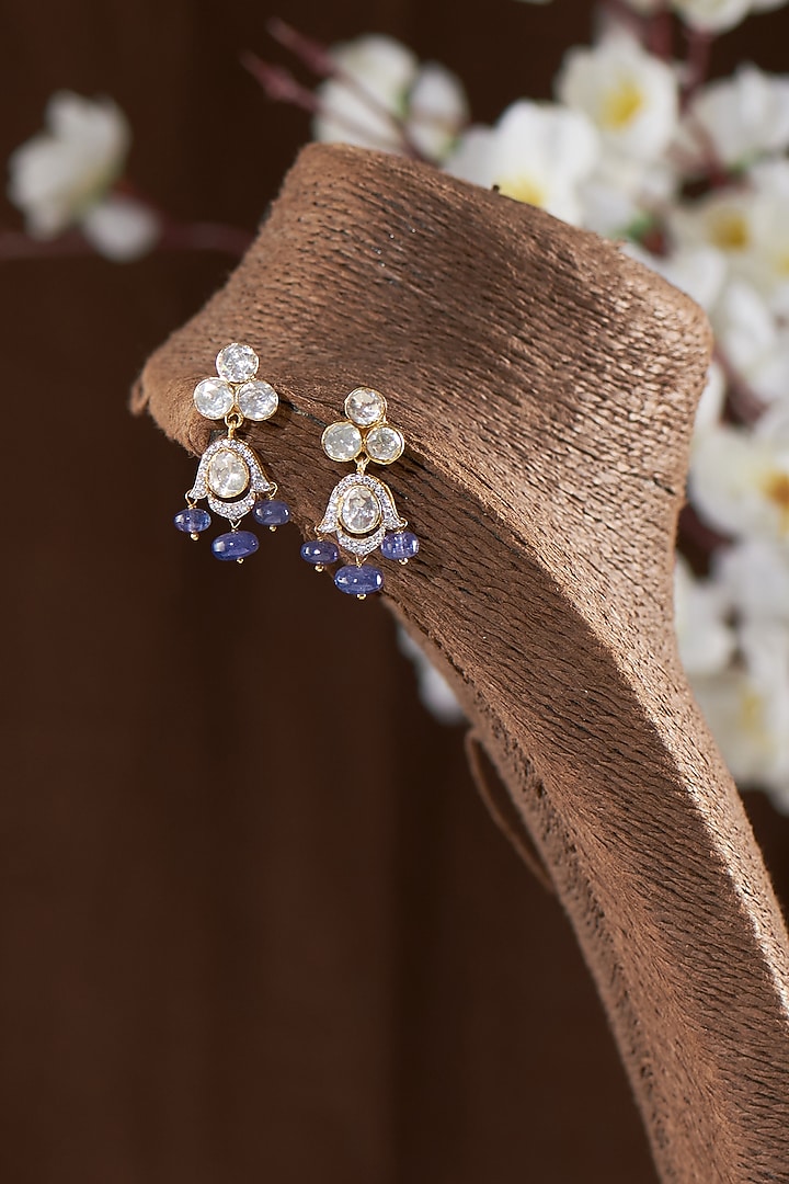 Gold Finish Moissanite Polki Dangler Earrings In Sterling Silver by Hunar at Pernia's Pop Up Shop