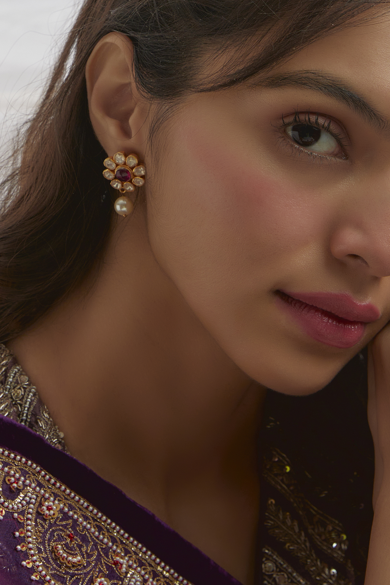 Gold Finish Moissanite Polki Stud Earrings In Sterling Silver by Hunar at Pernia's Pop Up Shop