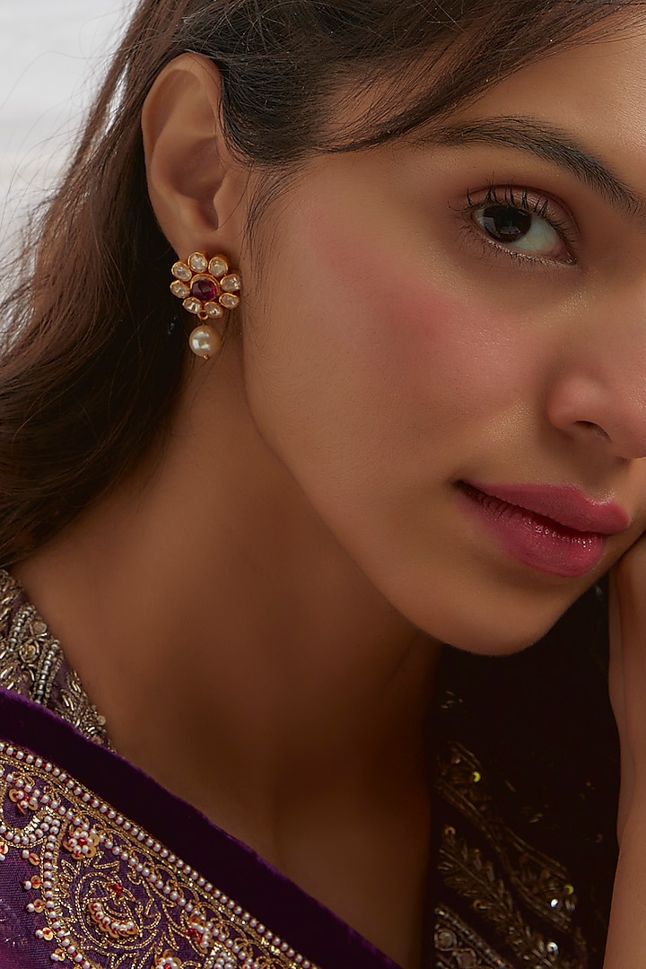 Gold Finish Moissanite Polki Stud Earrings In Sterling Silver by Hunar at Pernia's Pop Up Shop