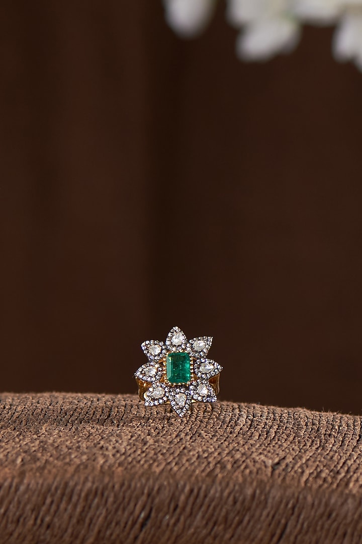 Two-Tone Finish Moissanite Polki Ring In Sterling Silver by Hunar at Pernia's Pop Up Shop