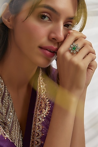 Two-Tone Finish Moissanite Polki Ring In Sterling Silver by Hunar