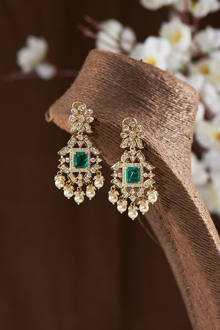 Gold Finish Moissanite Polki & Green Stone Dangler Earrings In Sterling Silver by Hunar at Pernia's Pop Up Shop