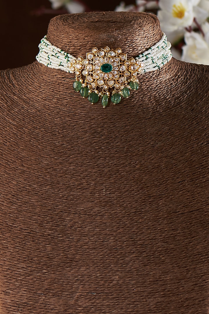 Gold Finish Moissanite Polki & Green Stone Choker Necklace In Sterling Silver by Hunar at Pernia's Pop Up Shop