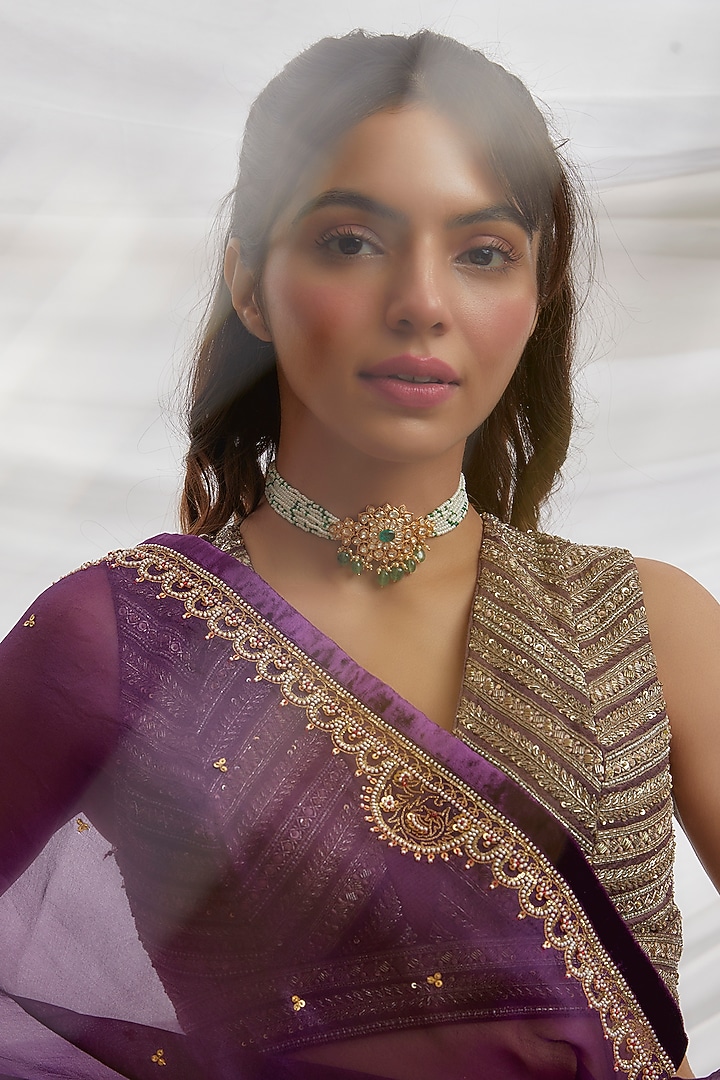 Gold Finish Moissanite Polki & Green Stone Choker Necklace In Sterling Silver by Hunar at Pernia's Pop Up Shop
