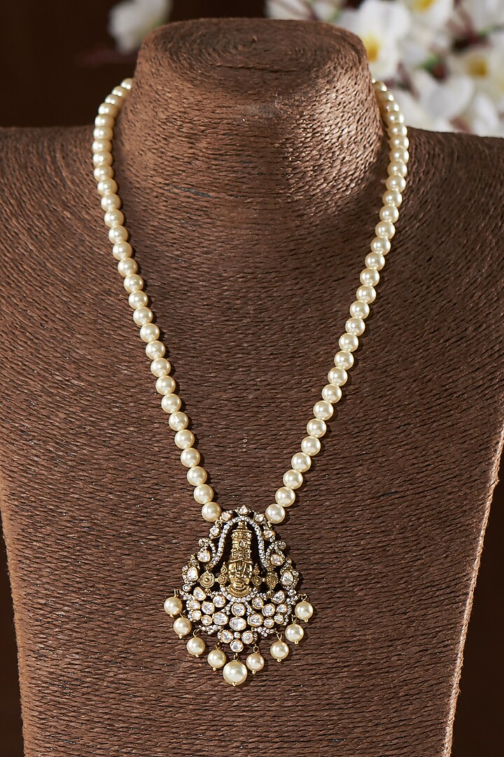 Two-Tone Finish Moissanite Polki & Pearl Necklace In Sterling Silver by Hunar at Pernia's Pop Up Shop