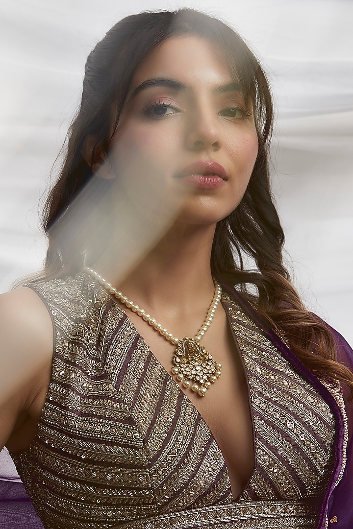 Two-Tone Finish Moissanite Polki & Pearl Necklace In Sterling Silver by Hunar at Pernia's Pop Up Shop