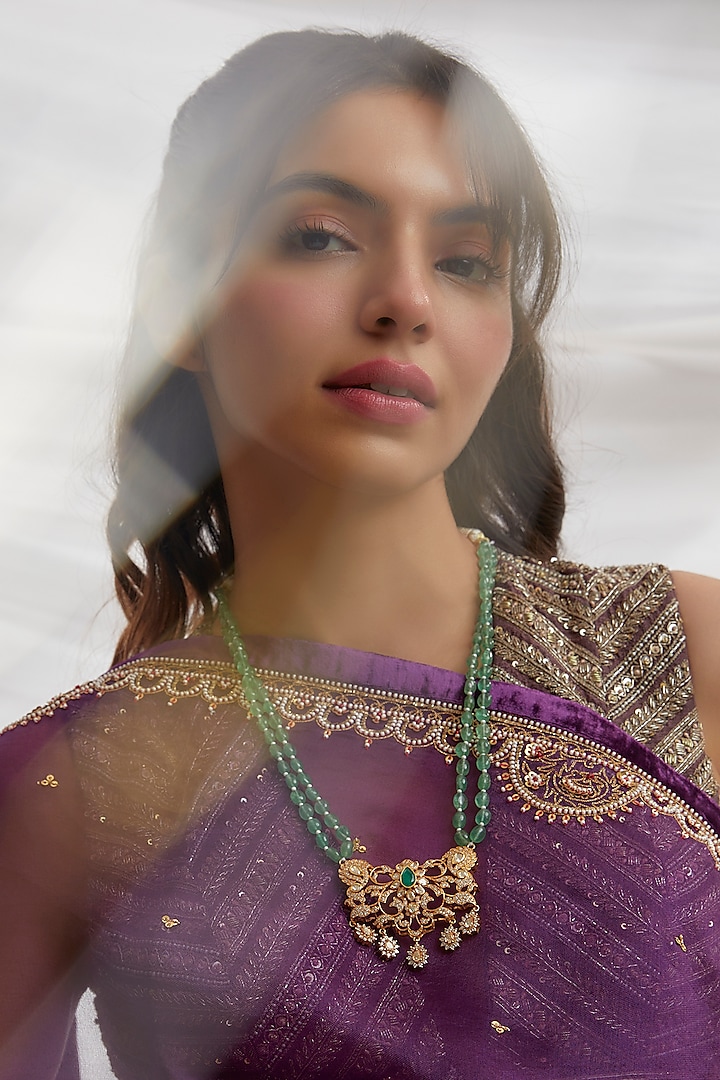 Gold Finish Moissanite Polki & Green Stone Long Necklace In Sterling Silver by Hunar at Pernia's Pop Up Shop