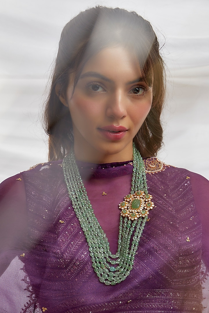 Gold Finish Moissanite Polki & Green Stone Mala In Sterling Silver by Hunar at Pernia's Pop Up Shop