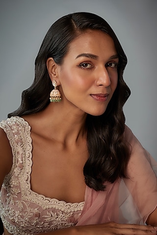 Gold Finish Moissanite Polki & Emerald Stone Jhumka Earrings In Sterling Silver by Hunar