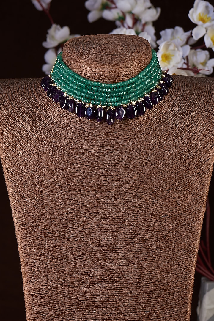 Gold Finish Moissanite Polki & Green Beaded Choker Necklace In Sterling Silver by Hunar at Pernia's Pop Up Shop