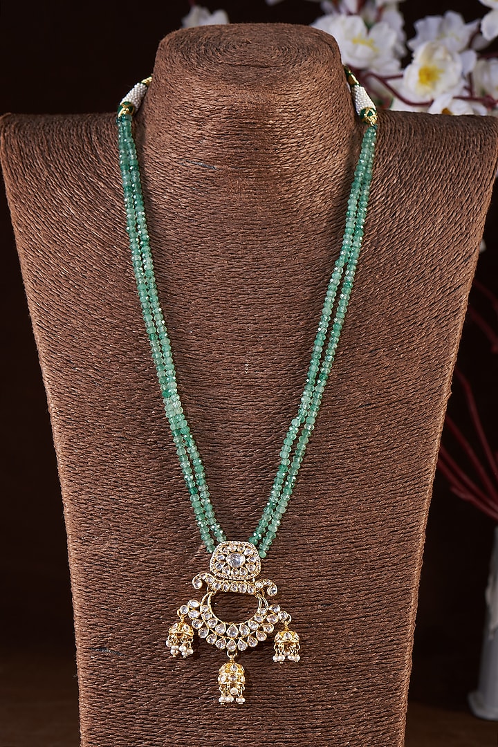 Gold Finish Moissanite Polki & Green Stone Long Necklace In Sterling Silver by Hunar at Pernia's Pop Up Shop