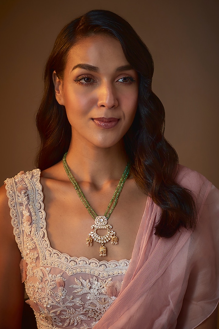 Gold Finish Moissanite Polki & Green Stone Long Necklace In Sterling Silver by Hunar at Pernia's Pop Up Shop