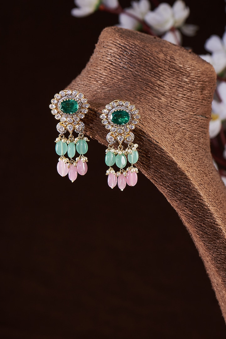 Gold Finish Moissanite Polki & Green Stone Dangler Earrings In Sterling Silver by Hunar at Pernia's Pop Up Shop