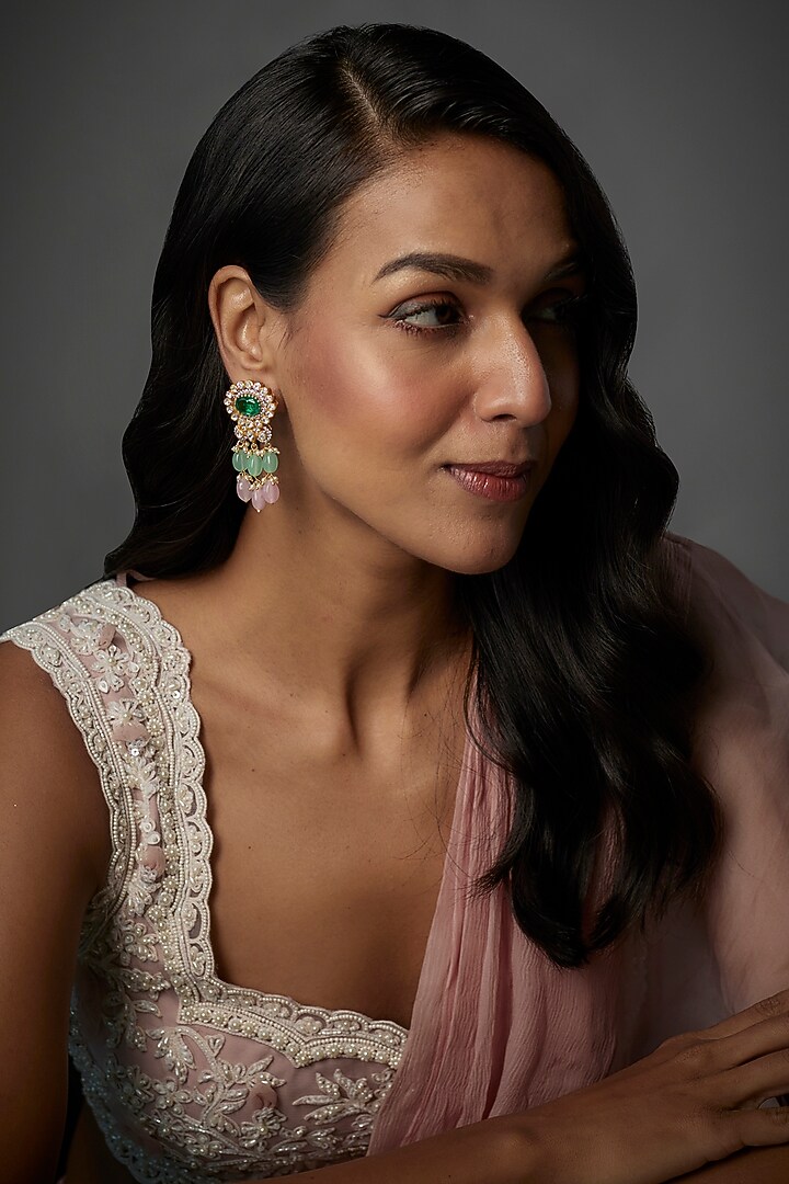 Gold Finish Moissanite Polki & Green Stone Dangler Earrings In Sterling Silver by Hunar at Pernia's Pop Up Shop