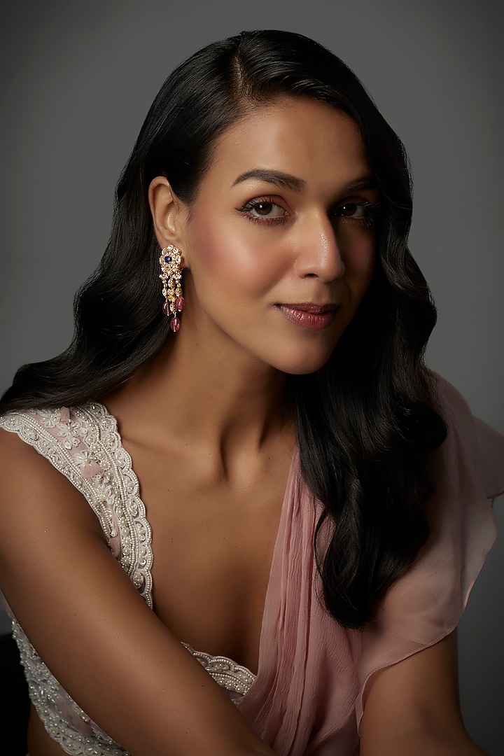 Gold Finish Moissanite Polki & Blue Stone Dangler Earrings In Sterling Silver by Hunar at Pernia's Pop Up Shop